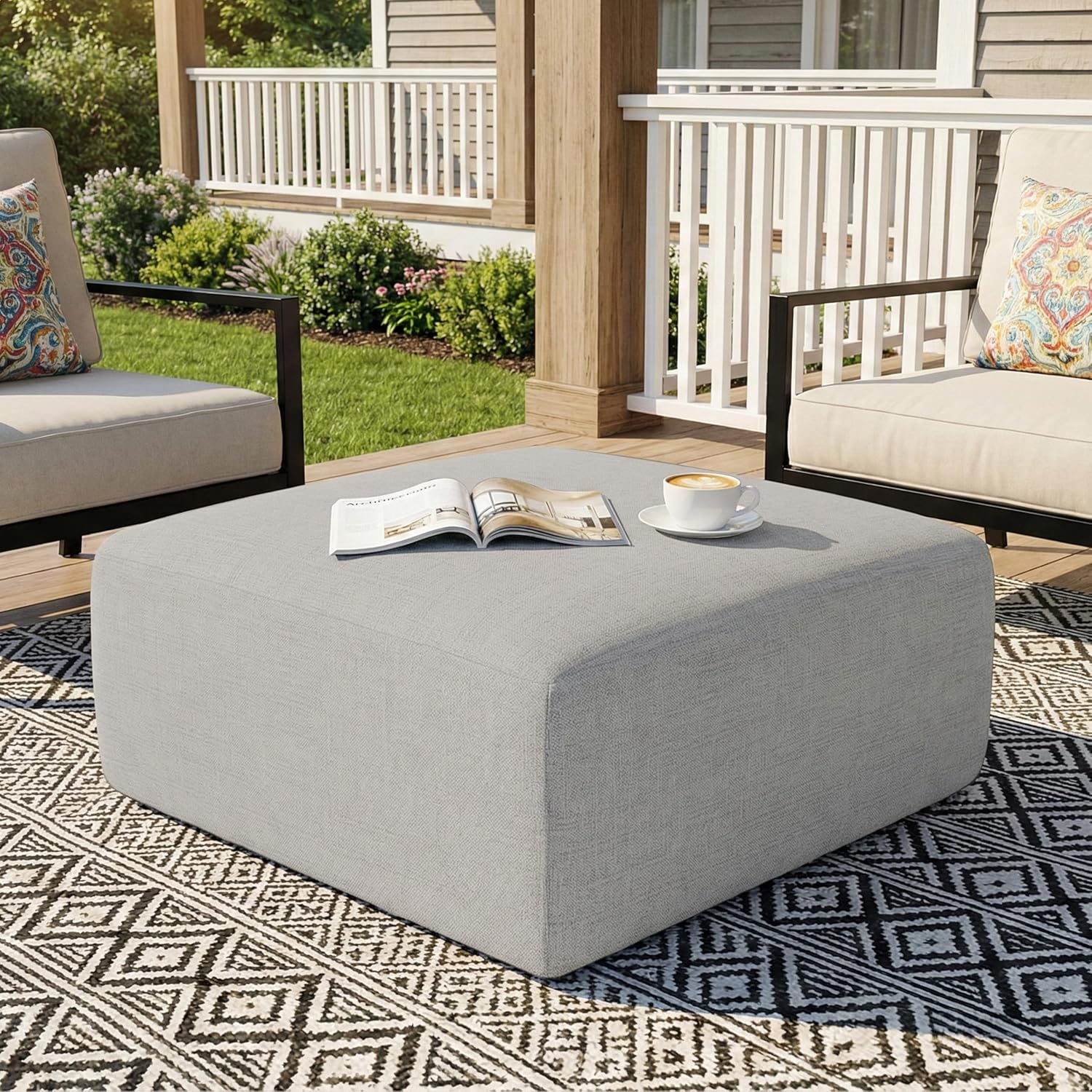 Living&Giving Square Outdoor Ottoman Pouf, 24 Inch Waterproof Patio Ottoman Foot Rest with Solid High-Density Foam, Comfy Boneless Footstool for Outside Couch & Seating, Light Gray