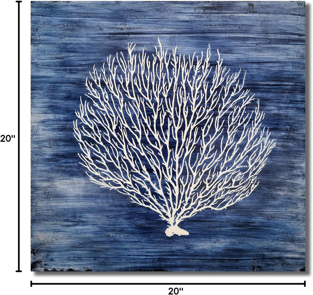 Yihui Arts Navy Blue Canvas Wall Art Hand Painted White Coral Painting Modern Abstract Tree Pictures Coastal Artwork for Bedroom Living Room Bathroom Decor