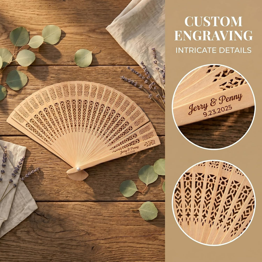 50Pcs Personalized Wooden Fans for Wedding Favors Bulks, Custom Fans for Wedding Guests, Bulk Handheld with Tassel and Yarn Bag, for Wedding Baby Shower Party Favors (50, A)
