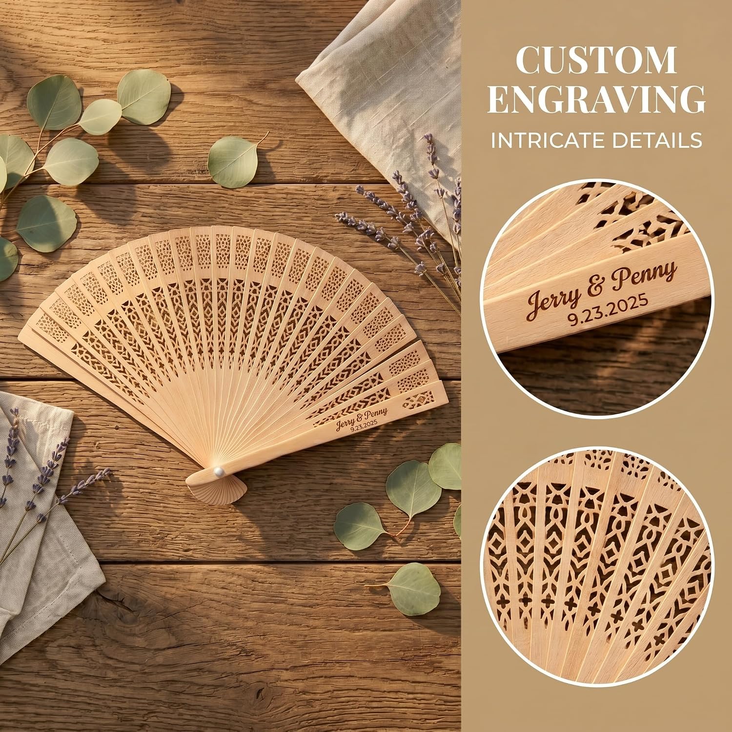 50Pcs Personalized Wooden Fans for Wedding Favors Bulks, Custom Fans for Wedding Guests, Bulk Handheld with Tassel and Yarn Bag, for Wedding Baby Shower Party Favors (50, A)