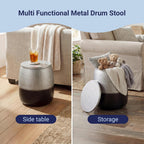 happimess SSL2001E Merida 15" Modern Rustic Hammered Metal Drum Storage Side Table with Lid, End Table for Decoration in Living Room, Bedroom, Bathroom, Silver/Black