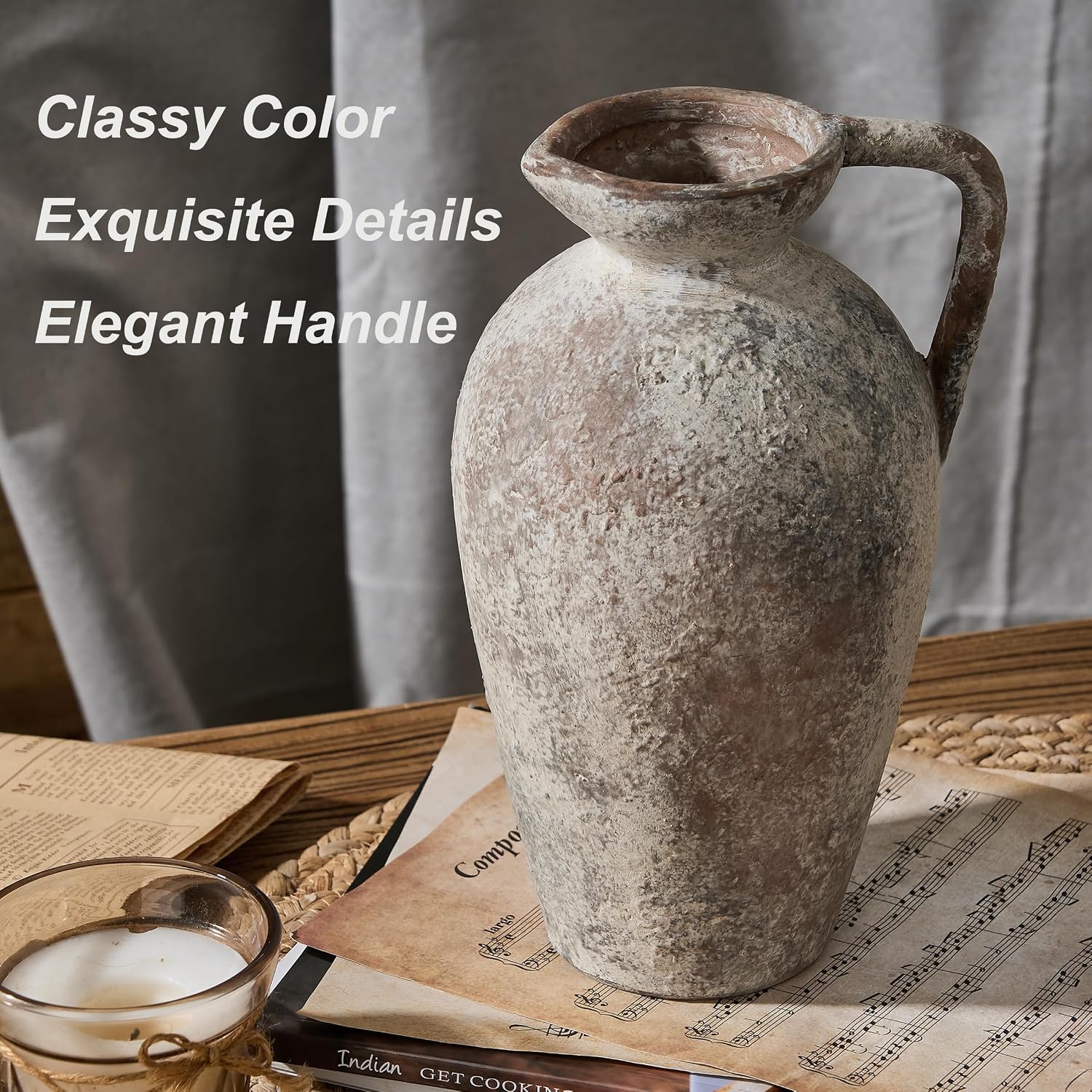 PORCER 9.3 Inch Antique Ceramic Vase, Terracotta Vase with Handle, Tuscan Decor Farmhouse Decorative Vase, Rustic Vase for Home Decor, Living Room, Entryway, Wedding - Distressed Design, Gray