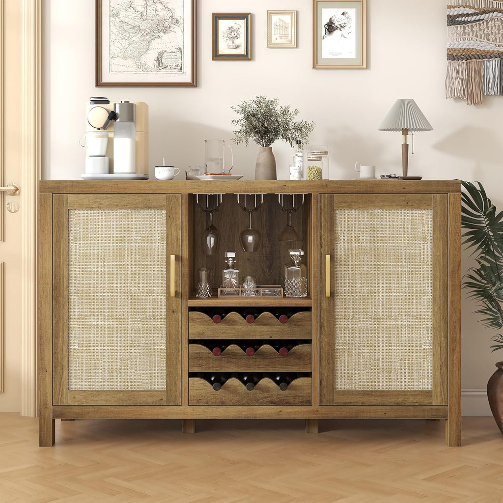 Rattan Wine Bar Cabinet, Boho Rattan Home Bar with Glass Holder and Drawer Style Racks, Oak Sideboard Buffet Storage Cabinet for Living Dining Room Kitchen (Caramel Oak)