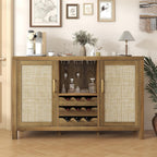 Rattan Wine Bar Cabinet, Boho Rattan Home Bar with Glass Holder and Drawer Style Racks, Oak Sideboard Buffet Storage Cabinet for Living Dining Room Kitchen (Caramel Oak)