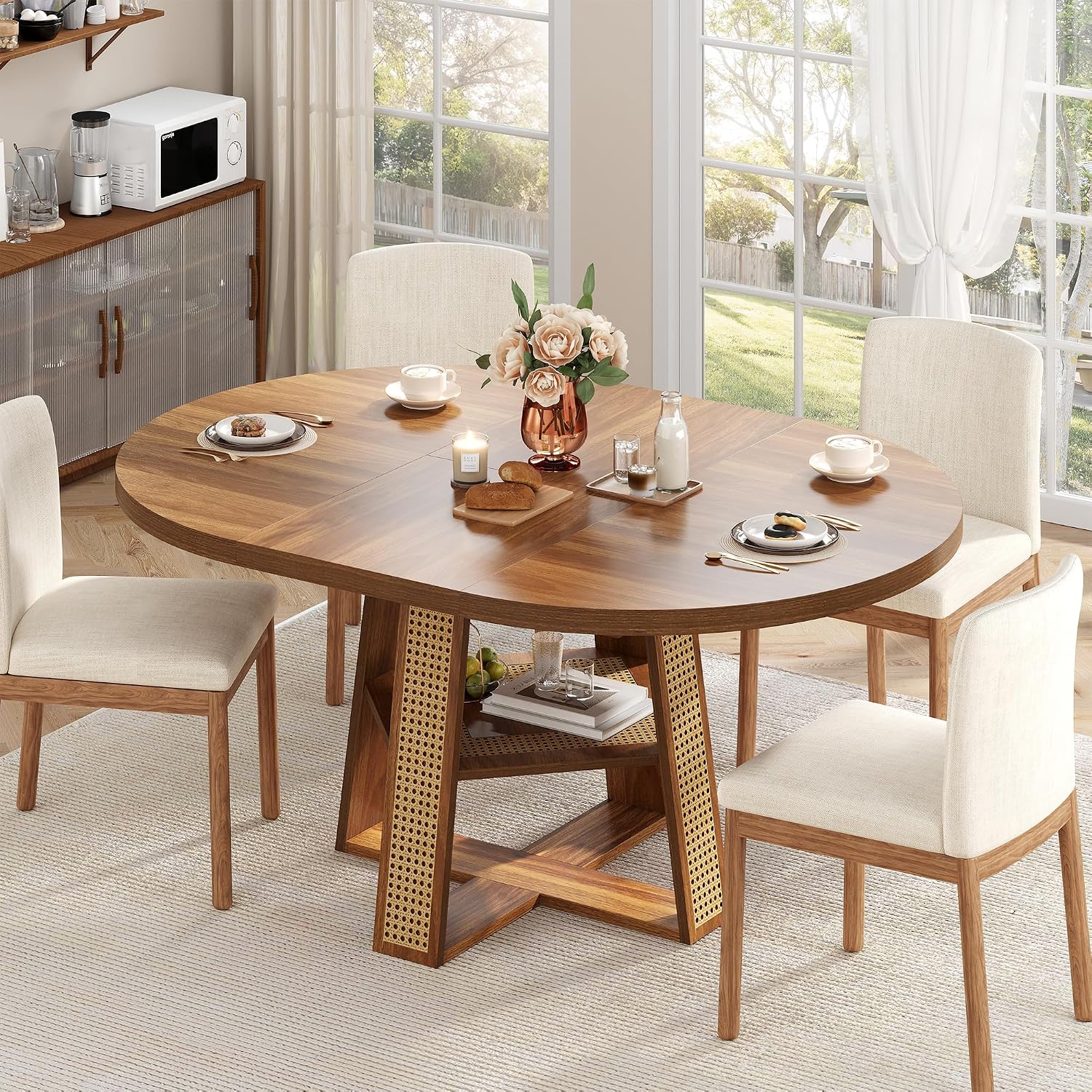 43"-59" Extendable Round Dining Table for 4-8, Transformer Oval Modern Kitchen Table with Removable Leaves Space Saving, Wood Dining Room Table with Storage Shelf for Kitchen, Walnut, Cross Leg