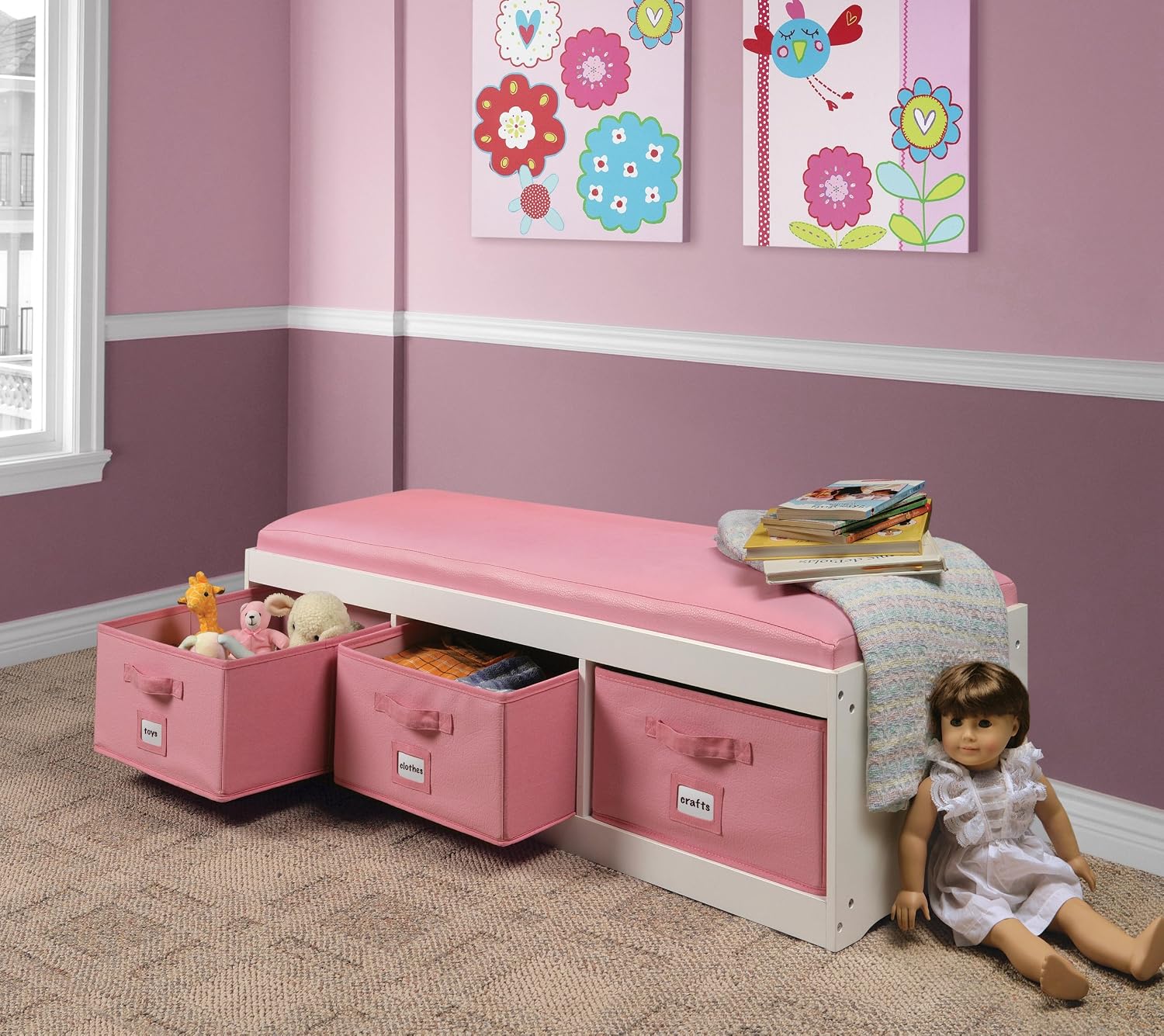 Badger Basket Kids’ Storage Bench with Cushion - Toy Organizer with 3 Removable Bins, Faux Leather Seat, Durable Wood Frame - Seating and Storage for Playroom or Bedroom - White/Rose