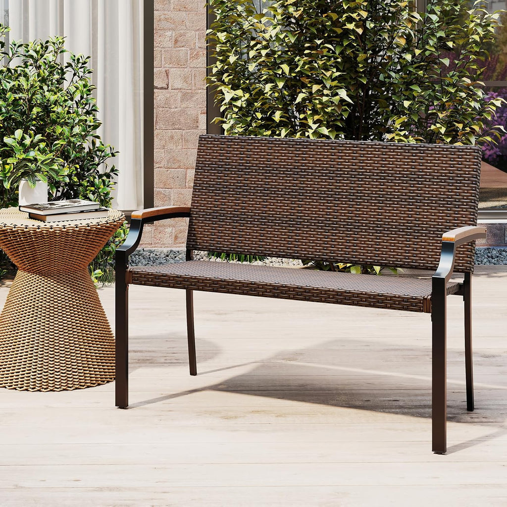 Tangkula Stackable Patio Wicker Loveseat Bench, 2-Person Rattan Outdoor Bench with Acacia Wood Armrests & Metal Frame, Rattan Conversation Furniture for Backyard, Garden, Balcony, Porch (1,Mix Brown)