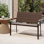 Tangkula Stackable Patio Wicker Loveseat Bench, 2-Person Rattan Outdoor Bench with Acacia Wood Armrests & Metal Frame, Rattan Conversation Furniture for Backyard, Garden, Balcony, Porch (1,Mix Brown)