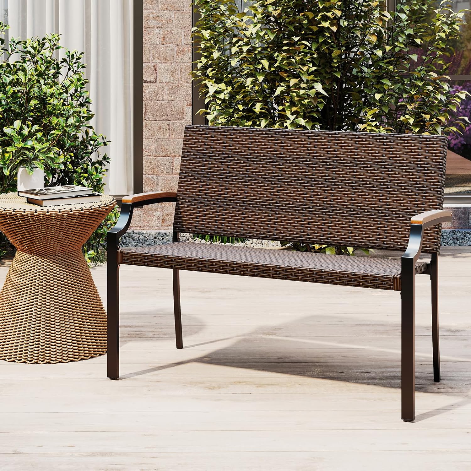 Tangkula Stackable Patio Wicker Loveseat Bench, 2-Person Rattan Outdoor Bench with Acacia Wood Armrests & Metal Frame, Rattan Conversation Furniture for Backyard, Garden, Balcony, Porch (1,Mix Brown)
