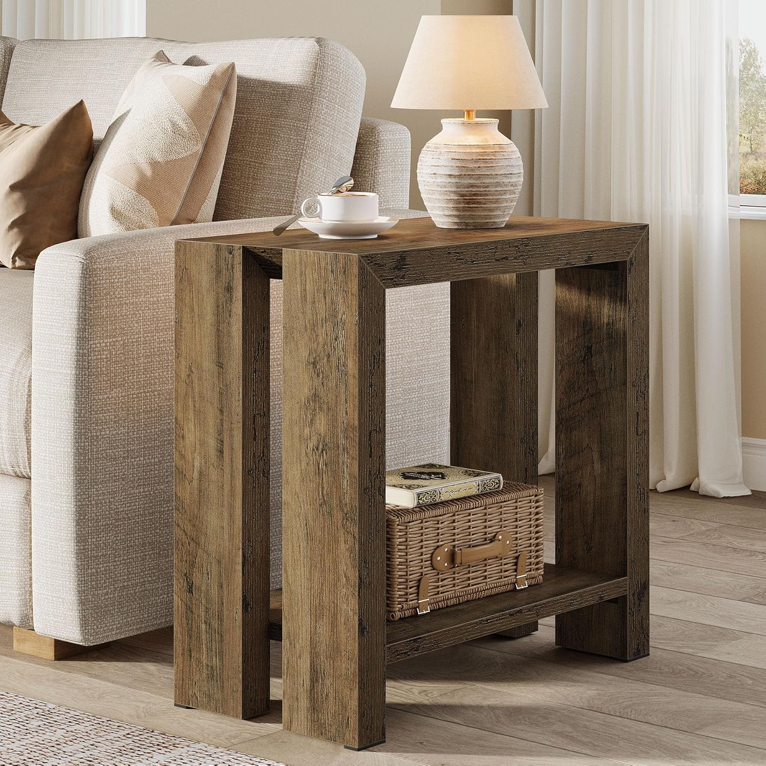 Tribesigns 2-Tier Narrow Side Table, Farmhouse Wooden Sofa End Table with Bottom Shelf, Skinny Accent Nightstand for Small Space, Living Room, Bedroom, Easy Assembly (1)