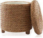 Casafield 17" Round Storage Ottoman with Lid - Cinnamon, Handwoven Water Hyacinth Footstool for Living Room, Bedroom, Bathroom, Home Office