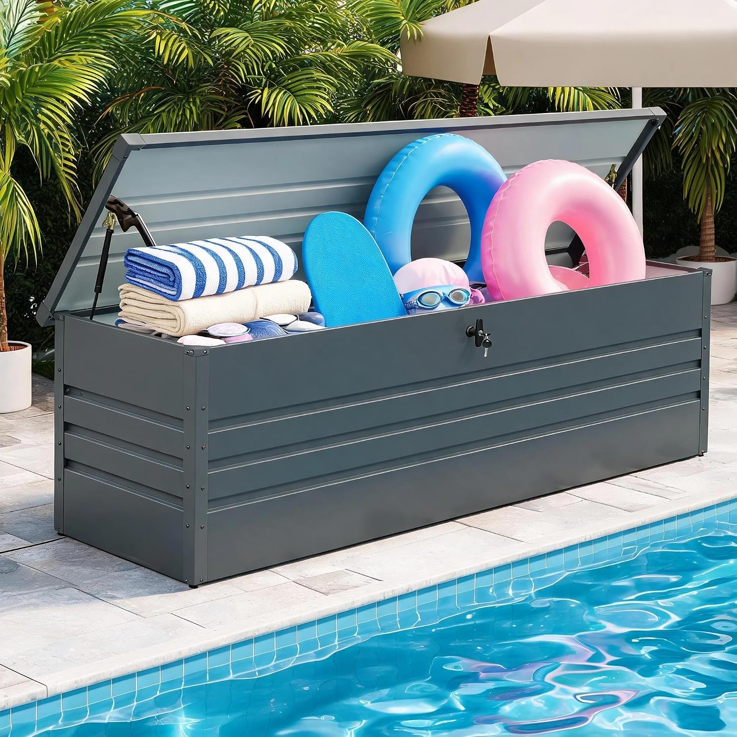 Multi-Purpose 260 Gallon Patio Storage Bench, Carbon Black Metal Storage Box with for Cushions, Garden Tools, Pool Supplies & Patio Use