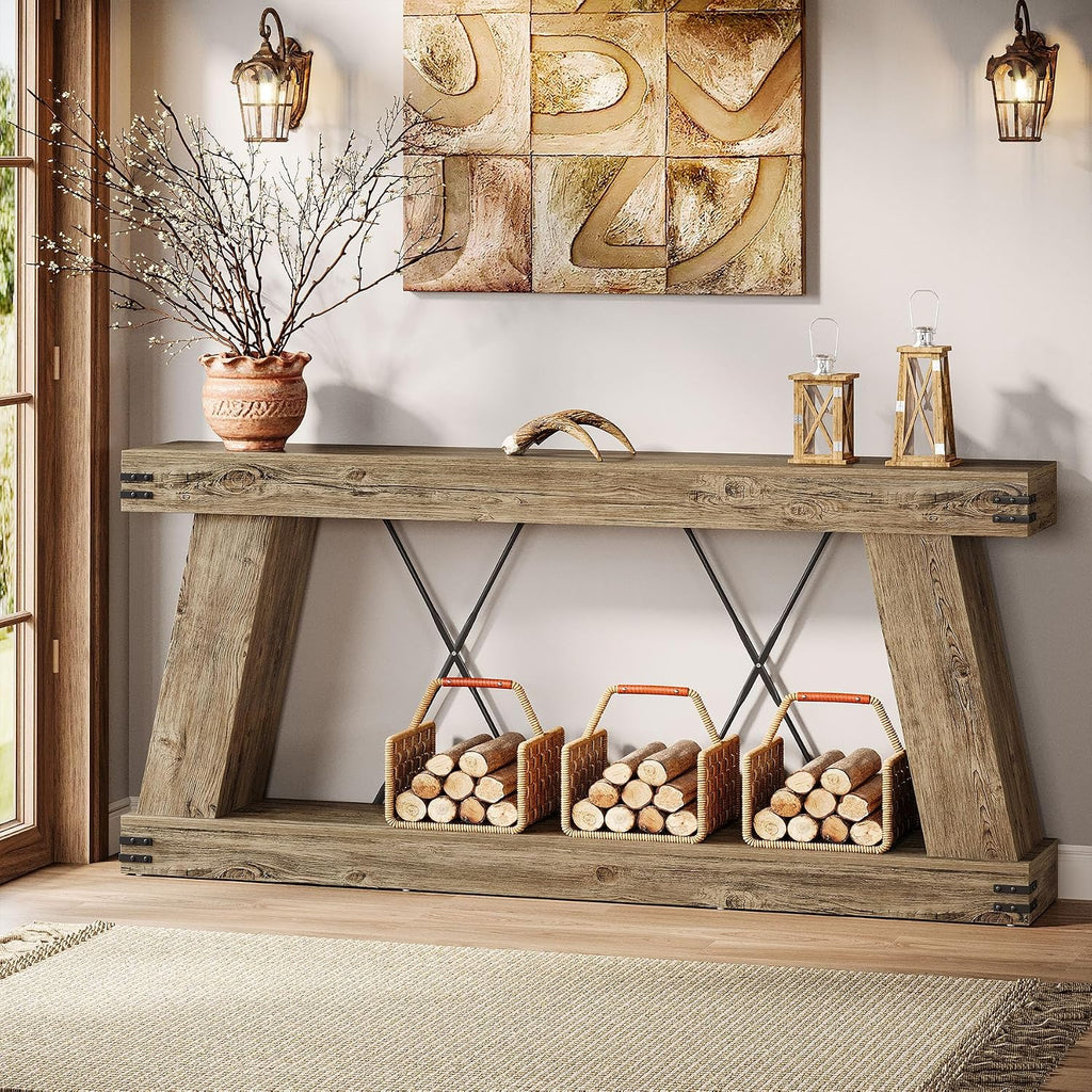 Tribesigns 70.9" Farmhouse Console Table, Long Sofa Table Behind Couch with Storage, Narrow Console Station, Industrial Rustic Entryway Furniture for Hallway, Entry, Living Room (1, Light Brown Oak)