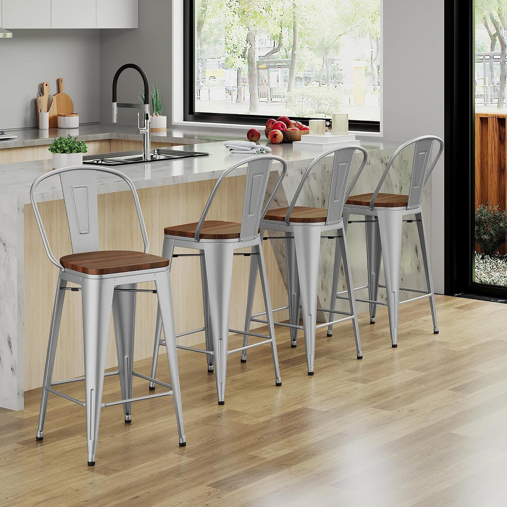 Andeworld Metal Bar Stools Counter Height Stools Dining Chairs High Back Industrial Barstools Set of 4 (30inch,Silver)