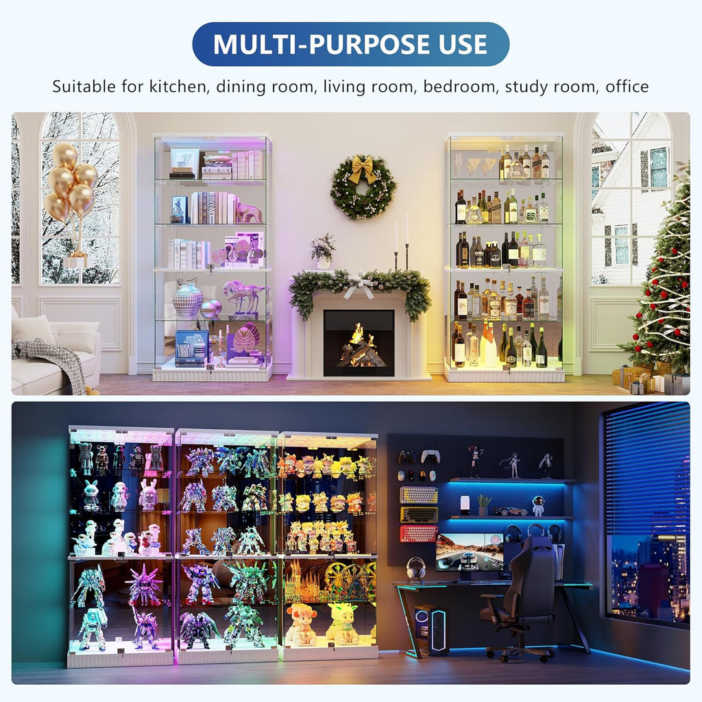 Glass Display Cabinet with Human Body Sensing RGB Lights,5-Tiers Curio Cabinet Display Case with Lock, Frameless Tall Showcase Display Shelf for Collectibles, Living Room Bookcase Storage Cabinet