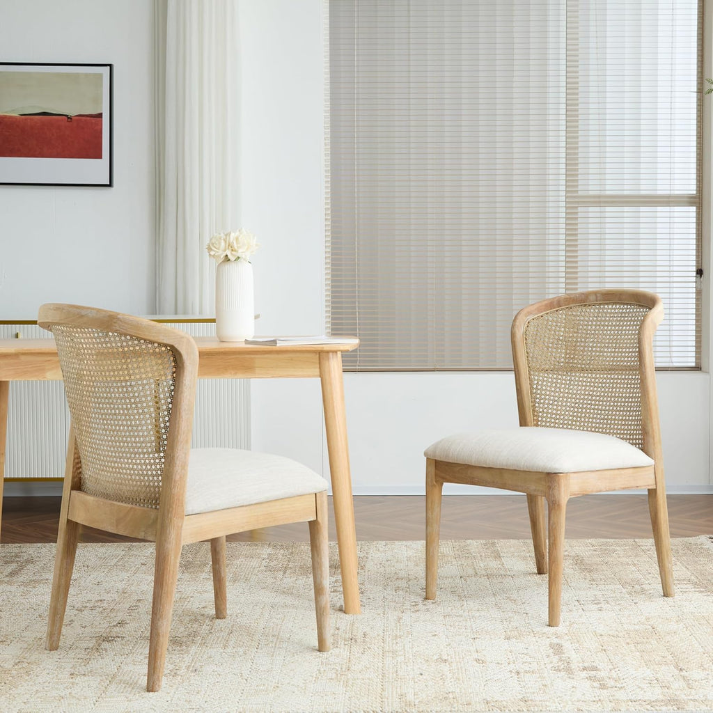 Modern Dining Chairs Set of 2, Fabric Upholstered Kitchen Chairs with Cane Webbing Back and Rubberwood Frame, Beige and Natural for Dining Room