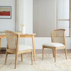 Modern Dining Chairs Set of 2, Fabric Upholstered Kitchen Chairs with Cane Webbing Back and Rubberwood Frame, Beige and Natural for Dining Room