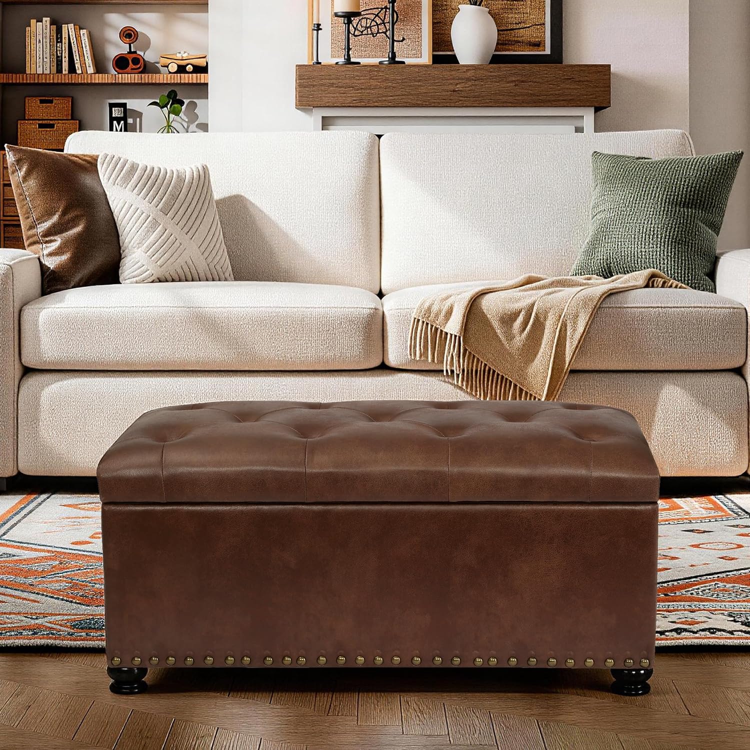 Joveco Storage Ottoman Bench 35" Faux-Leather Rectangular Tufted Ottomans Storage Room Organizer (Caramel)