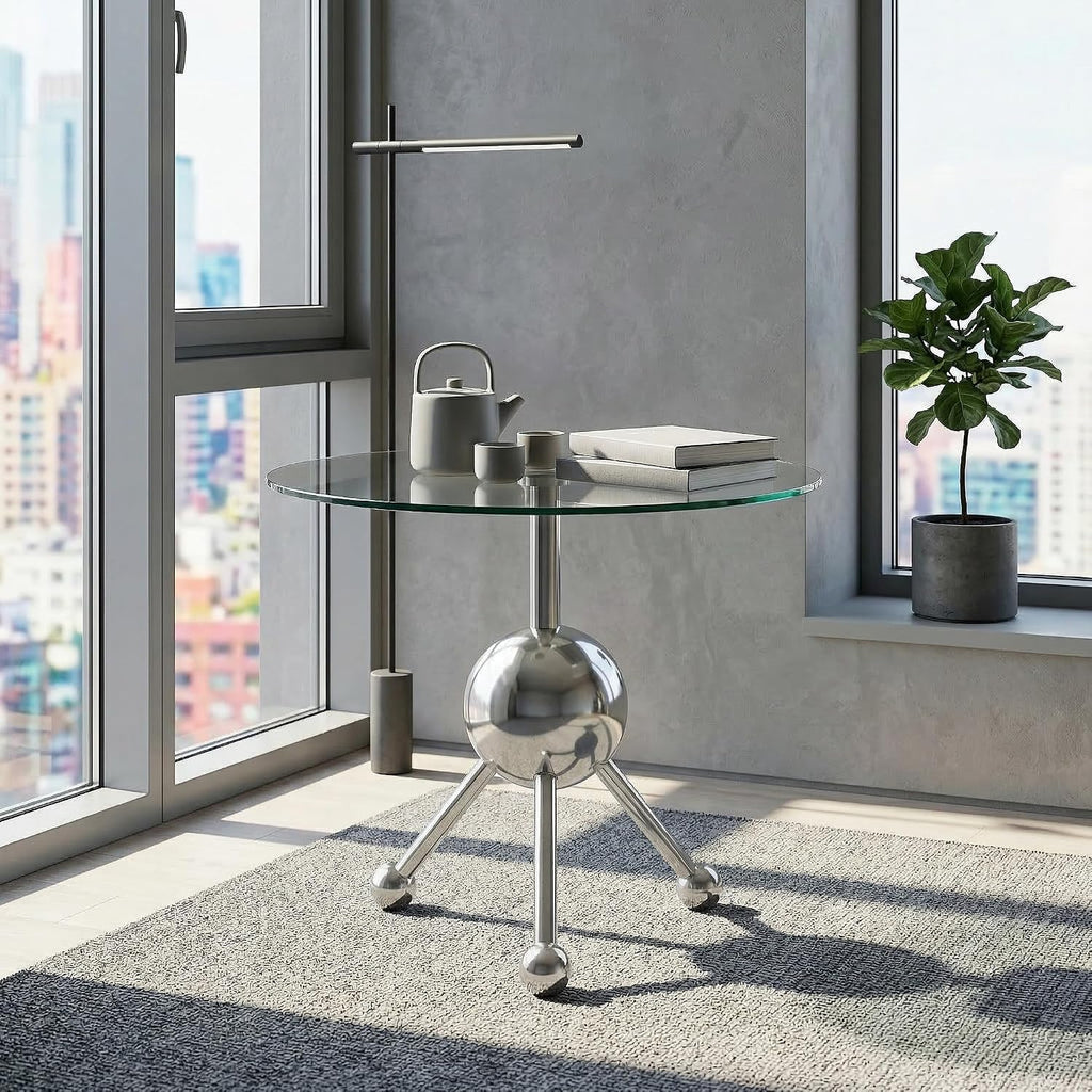 FT Global 19.7-Inch Round Glass End Table, Stainless Steel Sphere Tripod Base, Silver, Tool-Free Assembly