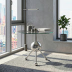 FT Global 19.7-Inch Round Glass End Table, Stainless Steel Sphere Tripod Base, Silver, Tool-Free Assembly