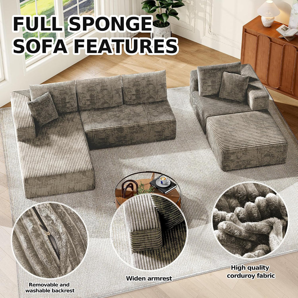 MoonSpeak 133" Sectional Boneless Couch for Living Room,Modern Modular Cloud Couch with Deep Seat,Upholstered Sleeper Sofa with 1 Ottoman,Convertible Folding Couches,No Assembly (Khaki)