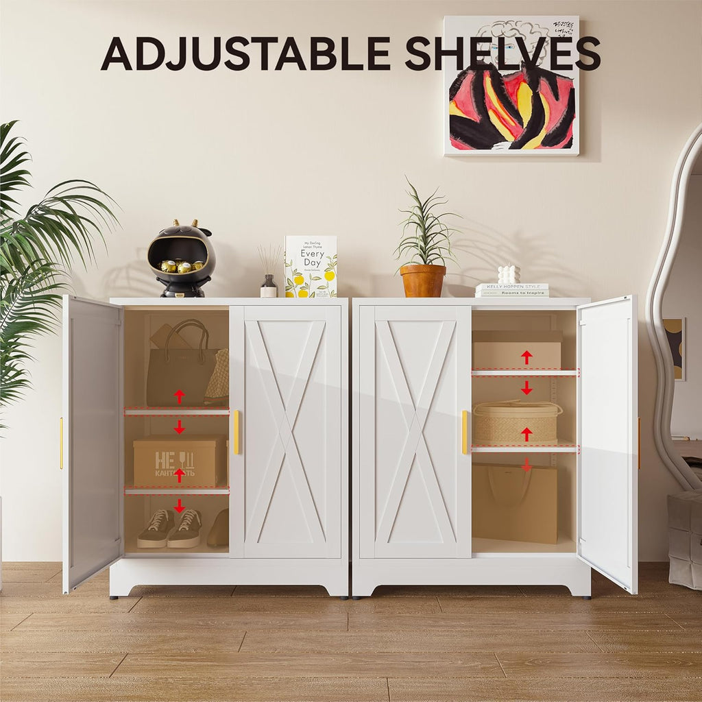 Kitchen Sideboard Buffet with Storage, 39” Metal Coffee Bar Cabinet & Buffet Sideboard with Barn Doors & Adjustable Shelves, Modern Farmhouse Coffee Bar Station for Kitchen, Entryway, White