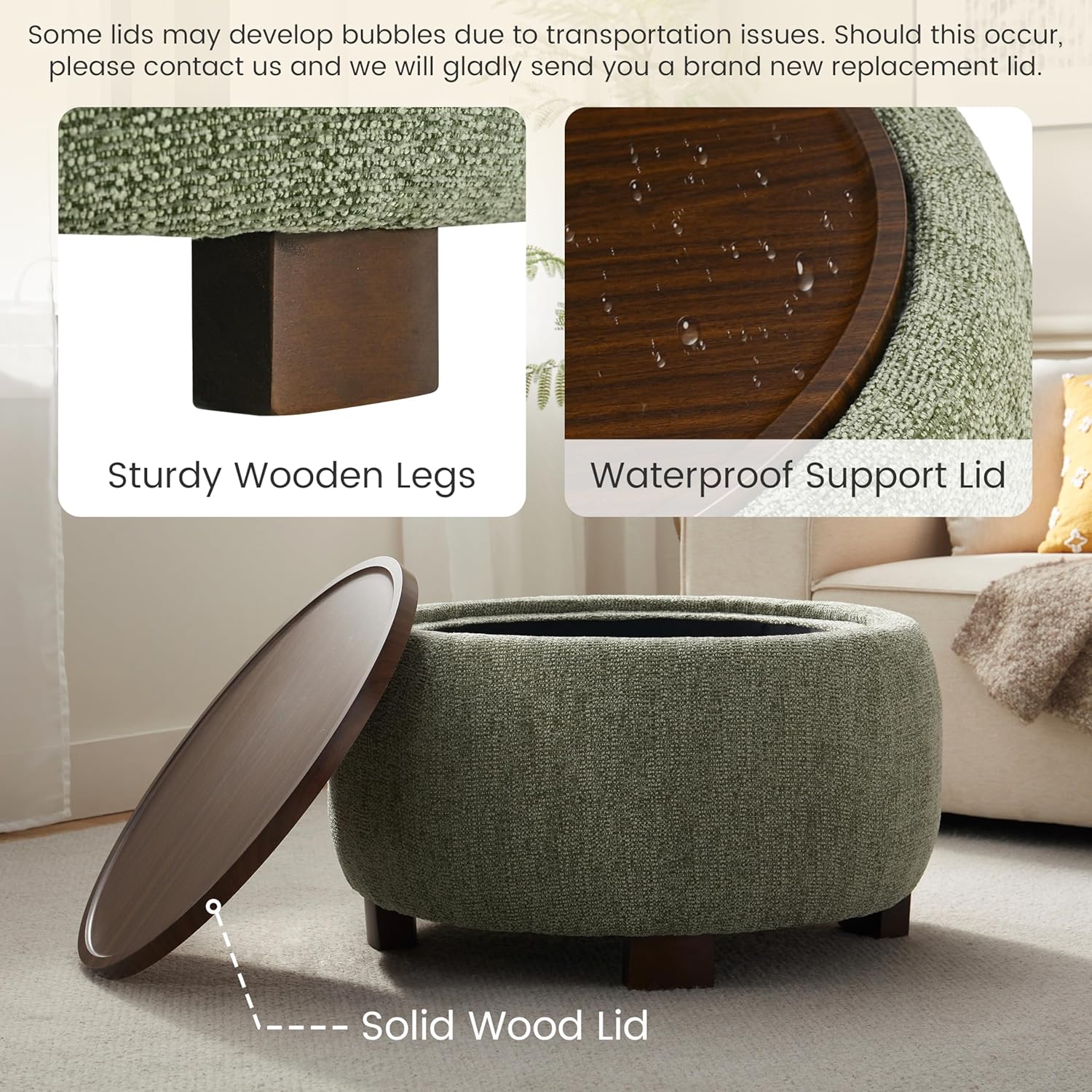 VKNOW 30" Round Storage Ottoman, Ottoman Coffee Table with Removable Wood Top and Solid Wood Legs for Living Room, Bedroom, Apartments(Green)