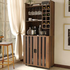 Wine Cabinet with 12 Wine Bottle Racks, 70'' Wine Bar Cabinet Bar Cabinet Tall with Storage, Modern WoodenTall Liquor Cabinet with Glass Holder for Home, Brown
