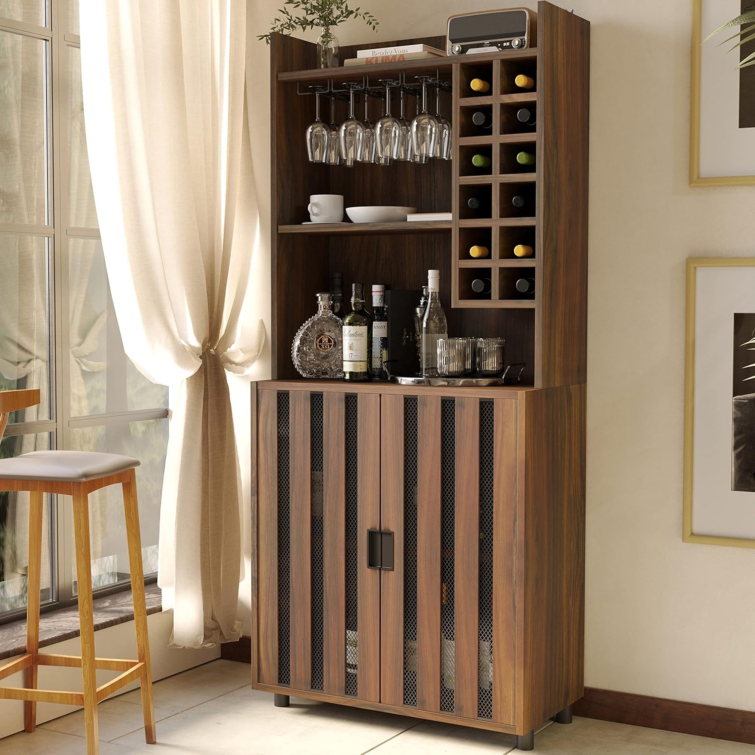 Wine Cabinet with 12 Wine Bottle Racks, 70'' Wine Bar Cabinet Bar Cabinet Tall with Storage, Modern WoodenTall Liquor Cabinet with Glass Holder for Home, Brown