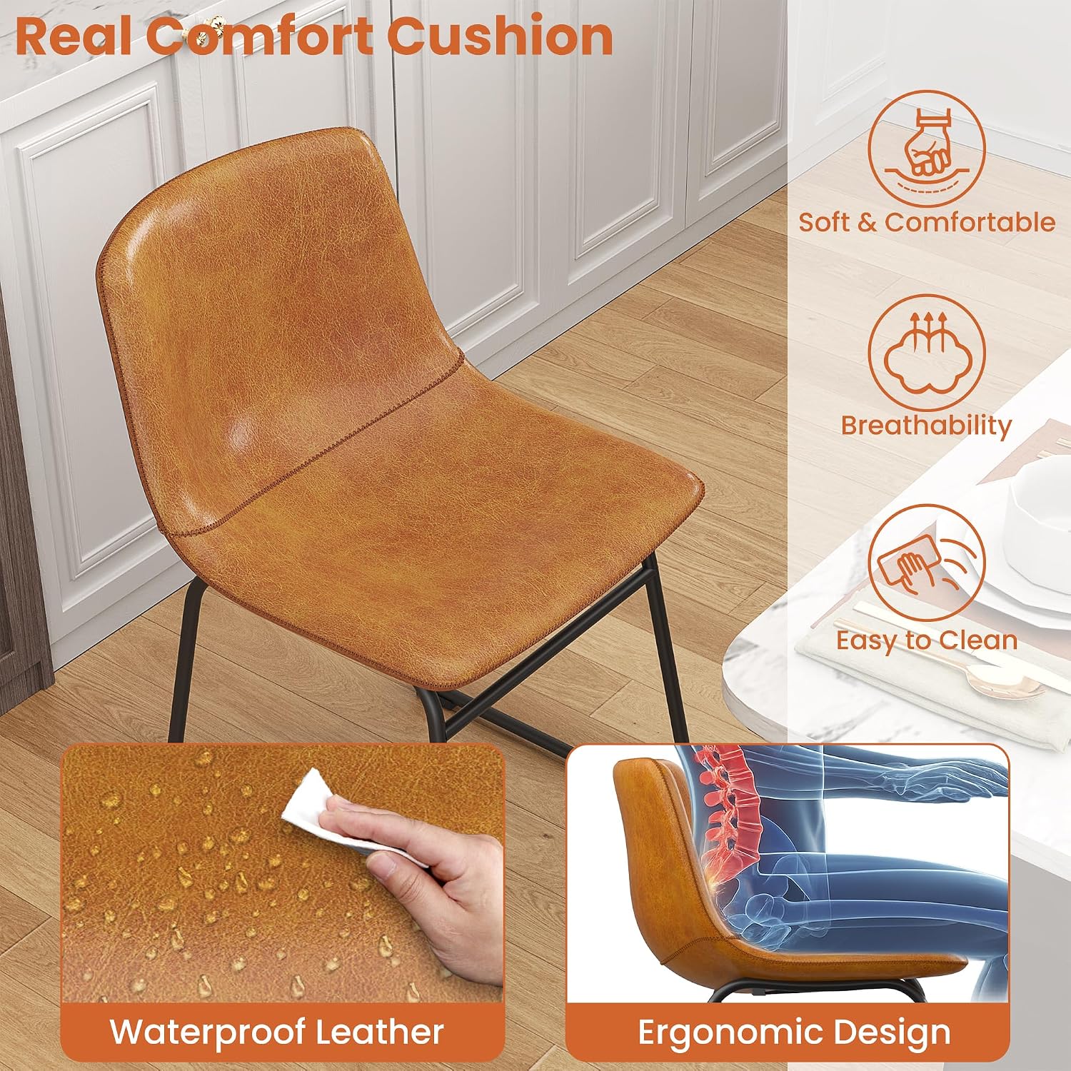 REONEY Dining Chairs Set of 6, 18" PU Leather Armless Dinner Chairs with Backrest, Modern Kitchen Dining Room Chair with Metal Legs for Home (Brown)