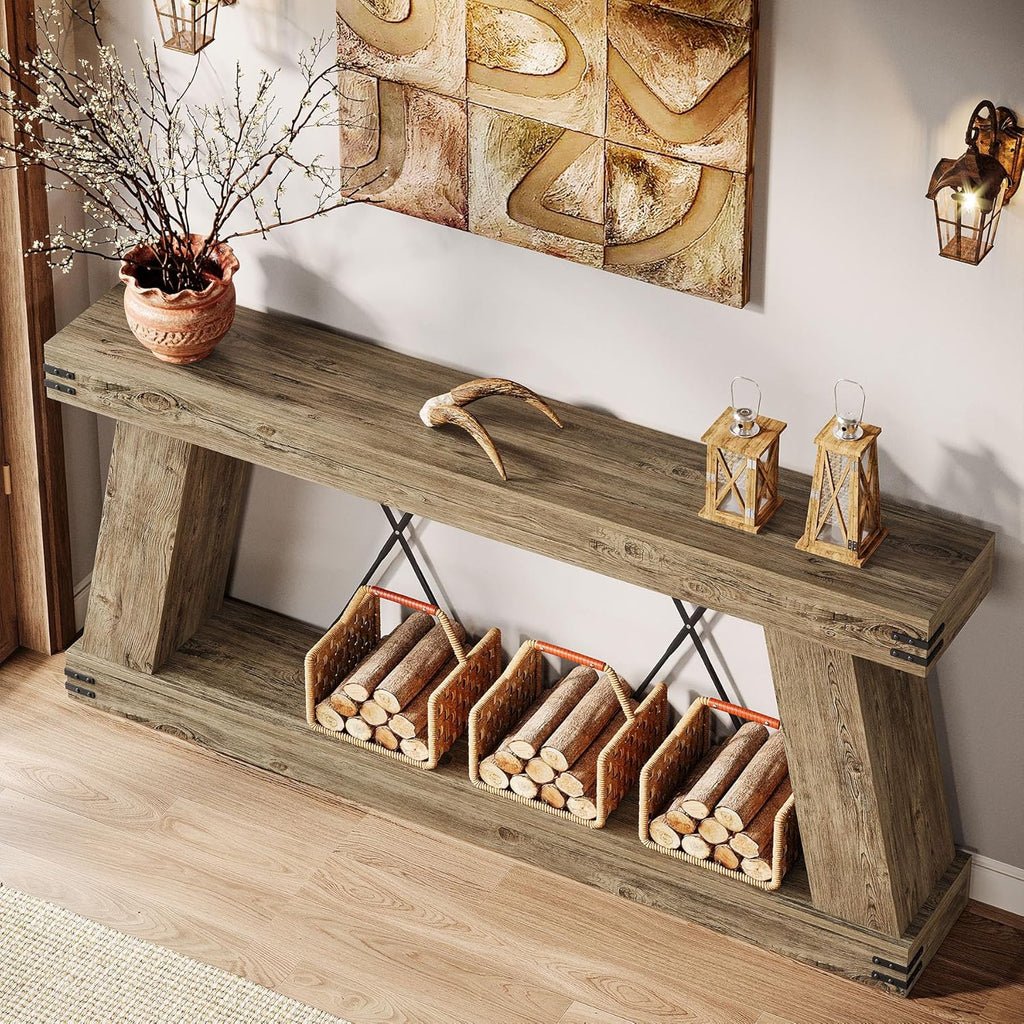 Tribesigns 70.9" Farmhouse Console Table, Long Sofa Table Behind Couch with Storage, Narrow Console Station, Industrial Rustic Entryway Furniture for Hallway, Entry, Living Room (1, Light Brown Oak)