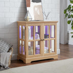Small Curio Cabinet with Glass Doors and LED Lights, 30.32” W Black Wood Display Cabinet, 2-Tier Accent Storage with Adjustable Shelves, Retro China Cabinet for Living Room Corner (Oak)