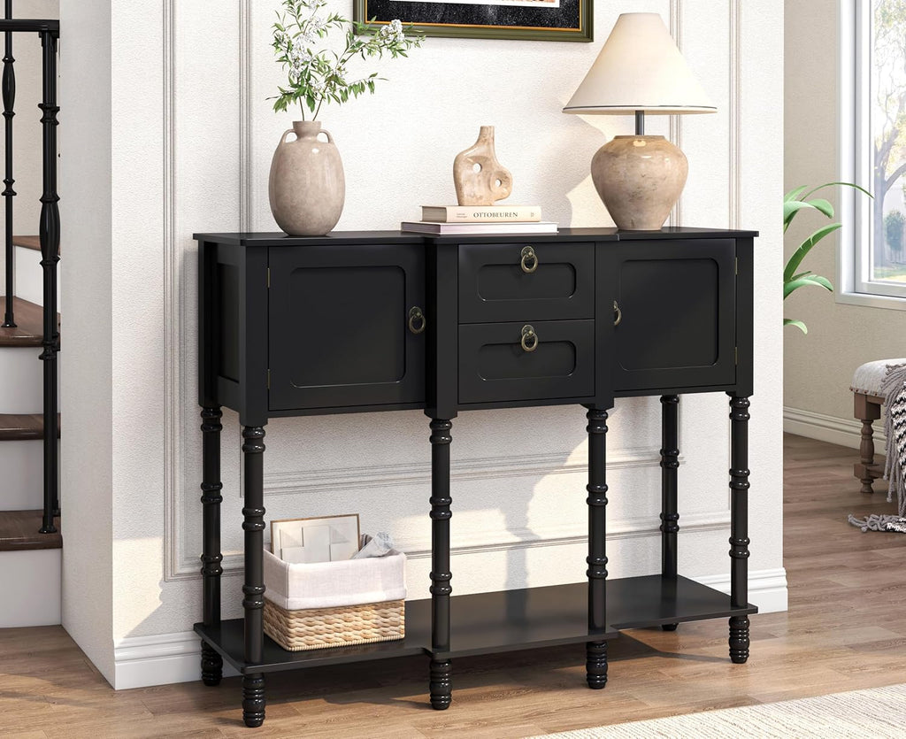 Black Entryway Table with Storge, Mid-Century Modern Console Table with 2 Drawers, Retro Narrow Long Behind Couch Sofa Table for Living Room, Foyer, Hallway