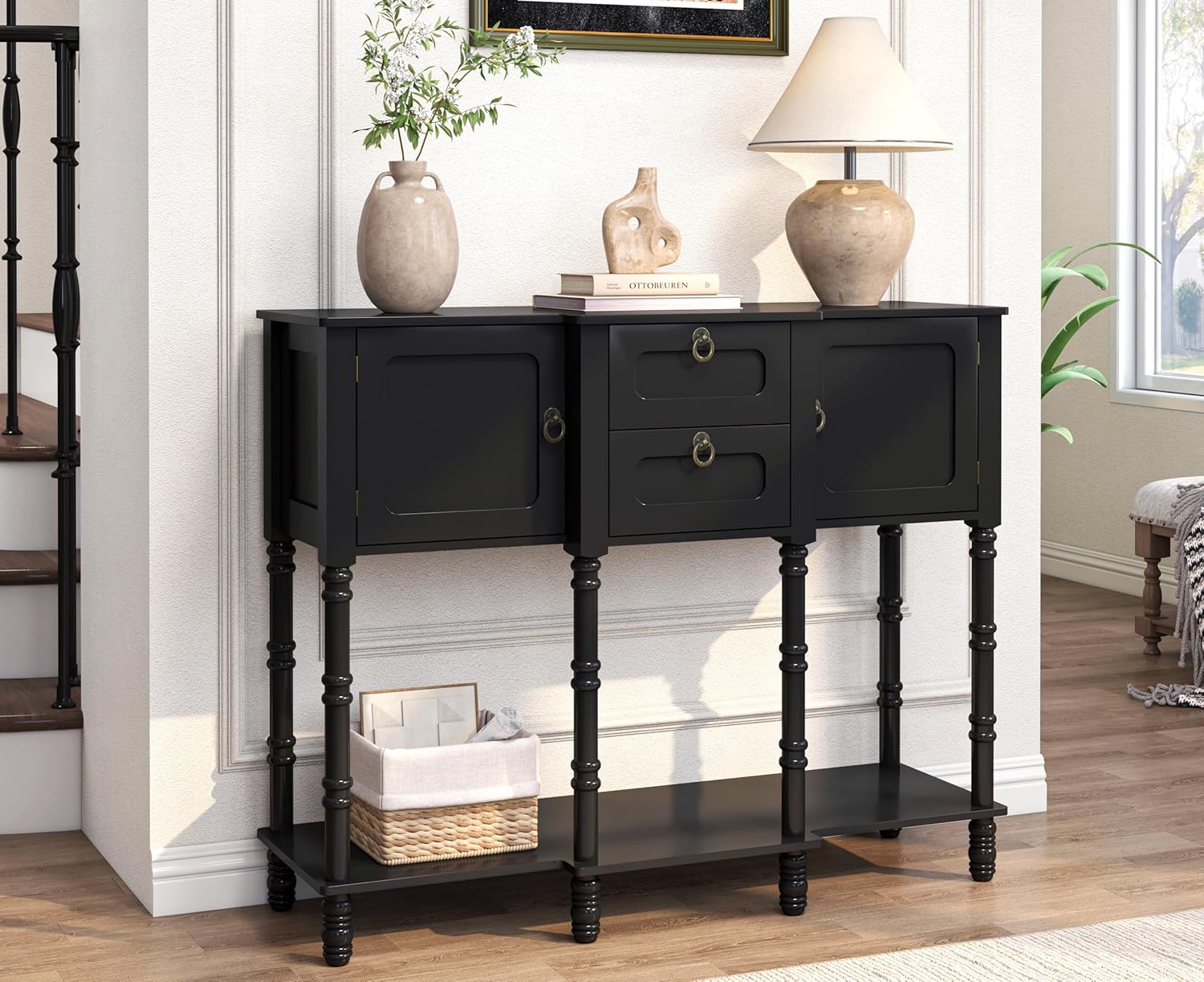 Black Entryway Table with Storge, Mid-Century Modern Console Table with 2 Drawers, Retro Narrow Long Behind Couch Sofa Table for Living Room, Foyer, Hallway