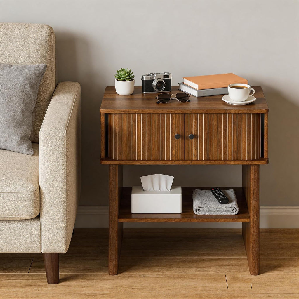 Nightstand with Fluted Sliding Door, 3-Tier Side Table with Hidden Cabinet and Open Storage, 21.7" Wide Modern End Table, for Living Room, Bedroom, Dorm, Spacious Desktop Space, Walnut Brown