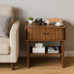 Nightstand with Fluted Sliding Door, 3-Tier Side Table with Hidden Cabinet and Open Storage, 21.7" Wide Modern End Table, for Living Room, Bedroom, Dorm, Spacious Desktop Space, Walnut Brown