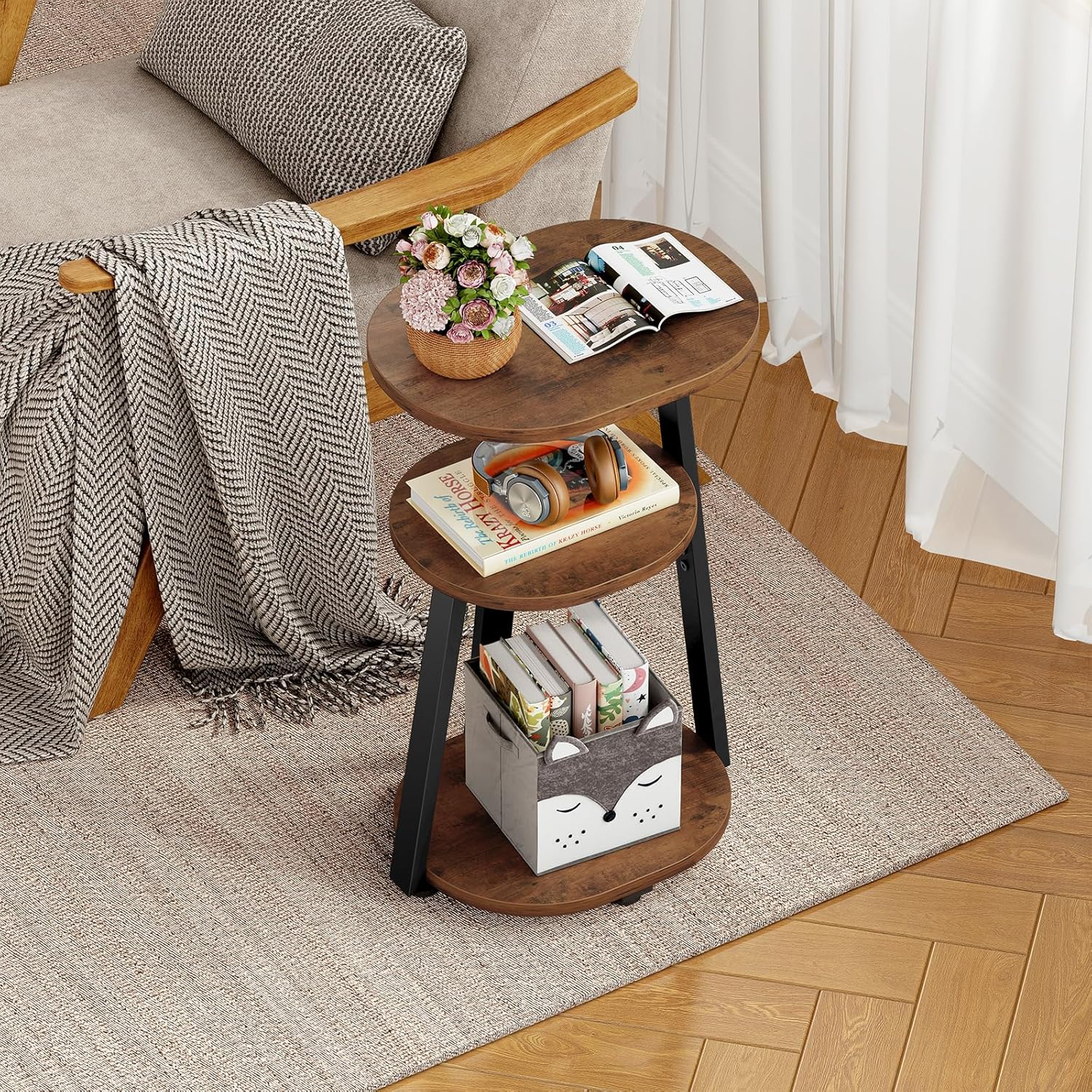 Kalrin Side Table, Small End Table with Metal Frame, 3-Tier Bedside Tables, Round Side Tables for Living Room Bedroom Couch Bathroom, Oval, Vintage Brown