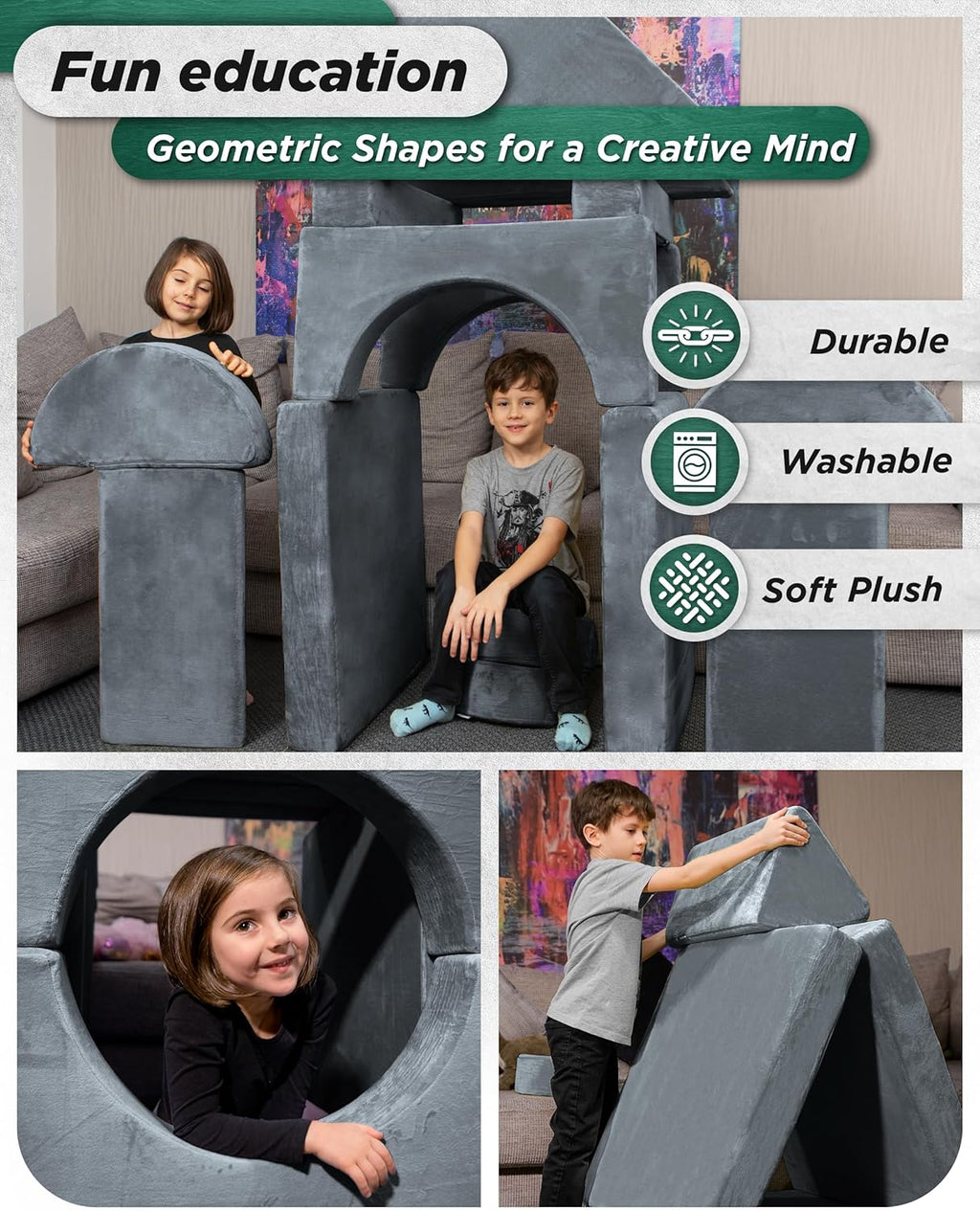 Lunix LX15 14pcs Modular Kids Play Couch, Design-Patent Child Sectional Sofa, Fort-Play Bedroom & Playroom Furniture for Toddlers, Convertible Foam, Washable Covers, OEKO-TEX & CertiPUR-US, Stone Gray