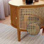 POVISON Rattan Side Table, Table with Roller Door & Woven Rattan, 19.69" Round End Table with Storage, Nightstand Beside Table Drink Table Sofa Table for Home,Walunt