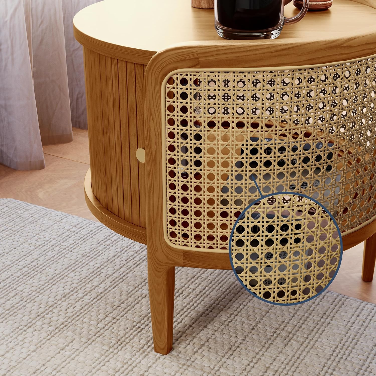 POVISON Rattan Side Table, Table with Roller Door & Woven Rattan, 19.69" Round End Table with Storage, Nightstand Beside Table Drink Table Sofa Table for Home,Walunt