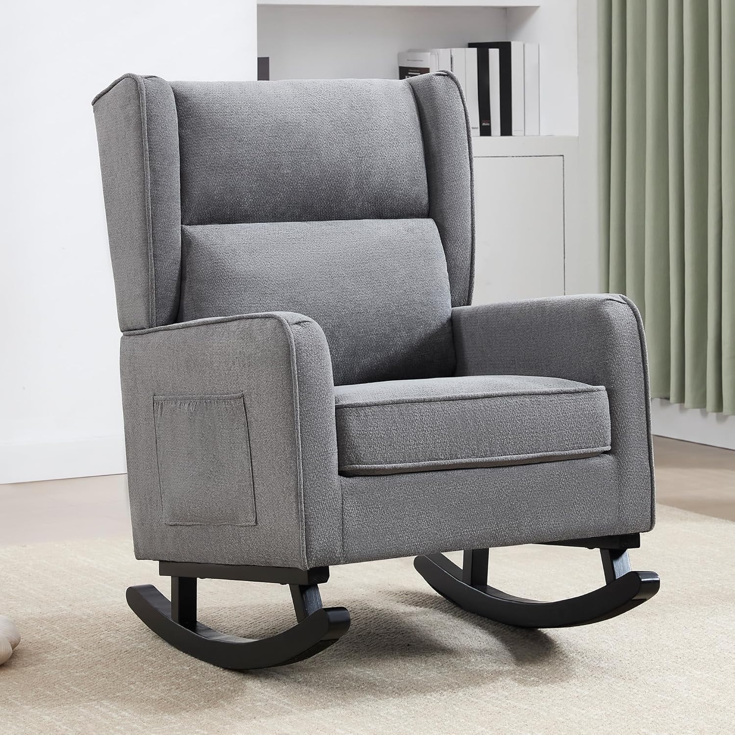 HCHAIRH Nursery Rocking Chairs, Modern Wingback Accent Chairs for Mom Nursery Rocker with High Backrest and Solid Wood Legs, Sherpa Rocking Chair Nursery for Reading Living Room Bedroom, Dark Grey
