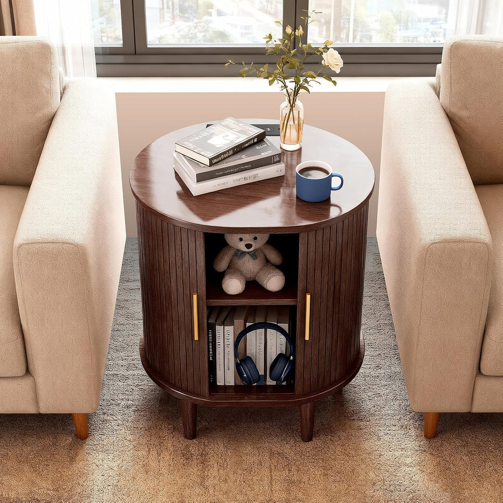 DHH Mid Century Modern Nightstand with Charging Station, Fluted Accent Side Table with Sliding Door & Adjustable Shelf, End Table for Small Space, Living Room, Bedroom,Sofa Couch (1, Walnut)