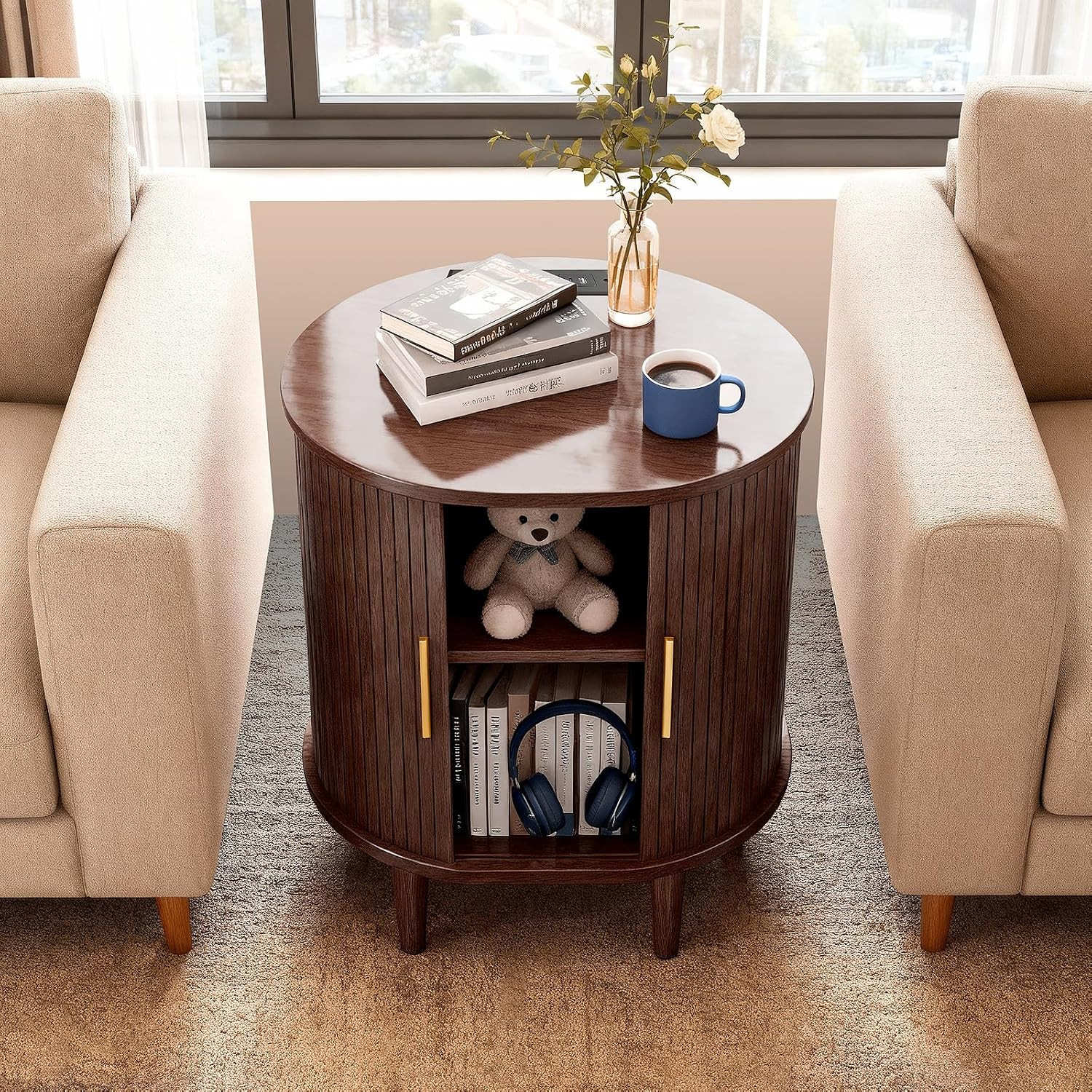 DHH Mid Century Modern Nightstand with Charging Station, Fluted Accent Side Table with Sliding Door & Adjustable Shelf, End Table for Small Space, Living Room, Bedroom,Sofa Couch (1, Walnut)