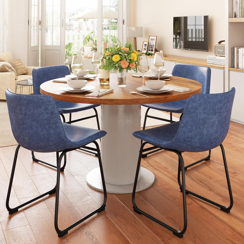 REONEY Dining Chairs Set of 2, PU Leather Armless Dinner Chairs with Backrest, 18" Modern Kitchen Dining Room Chair with Metal Legs for Home (Navy)
