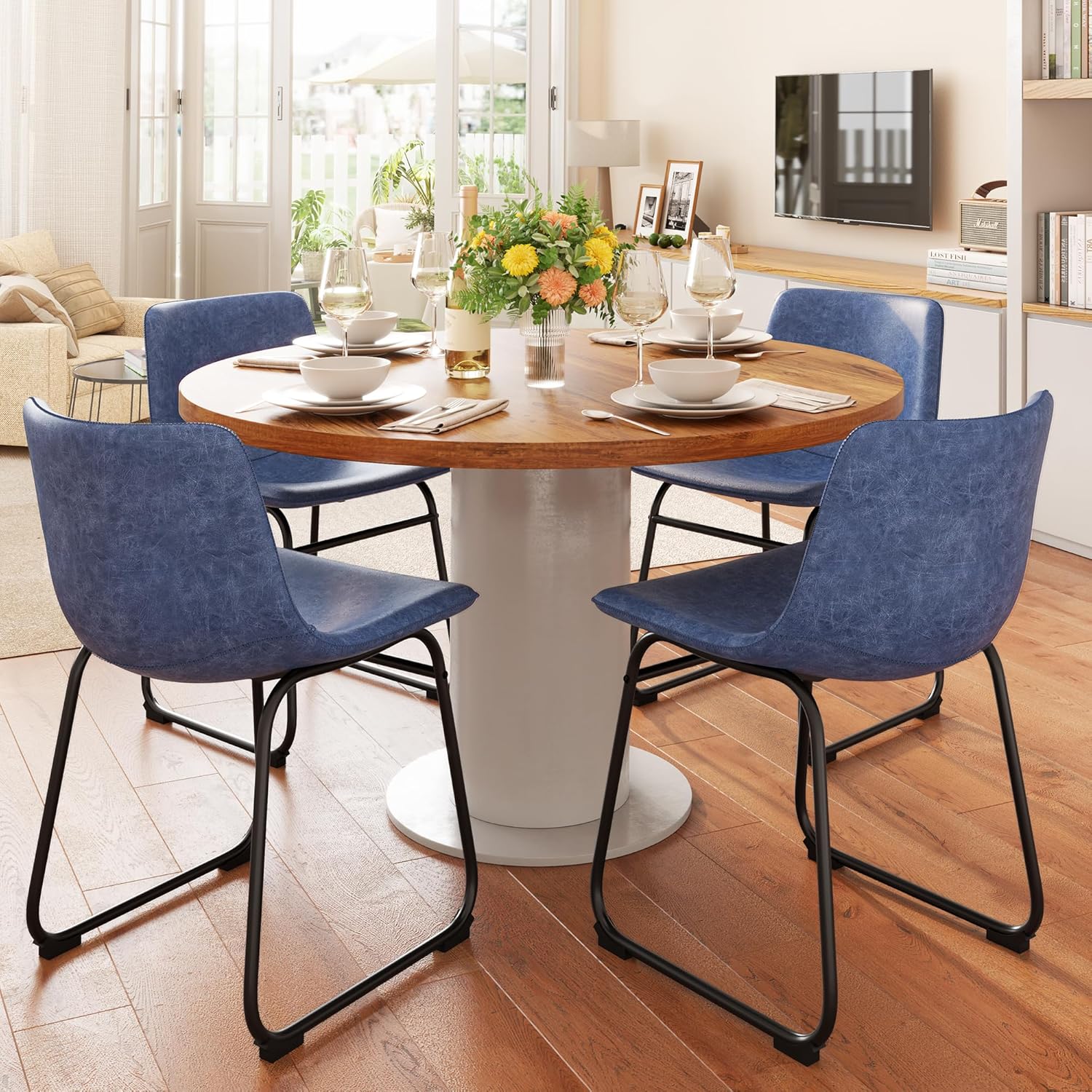REONEY Dining Chairs Set of 2, PU Leather Armless Dinner Chairs with Backrest, 18" Modern Kitchen Dining Room Chair with Metal Legs for Home (Navy)