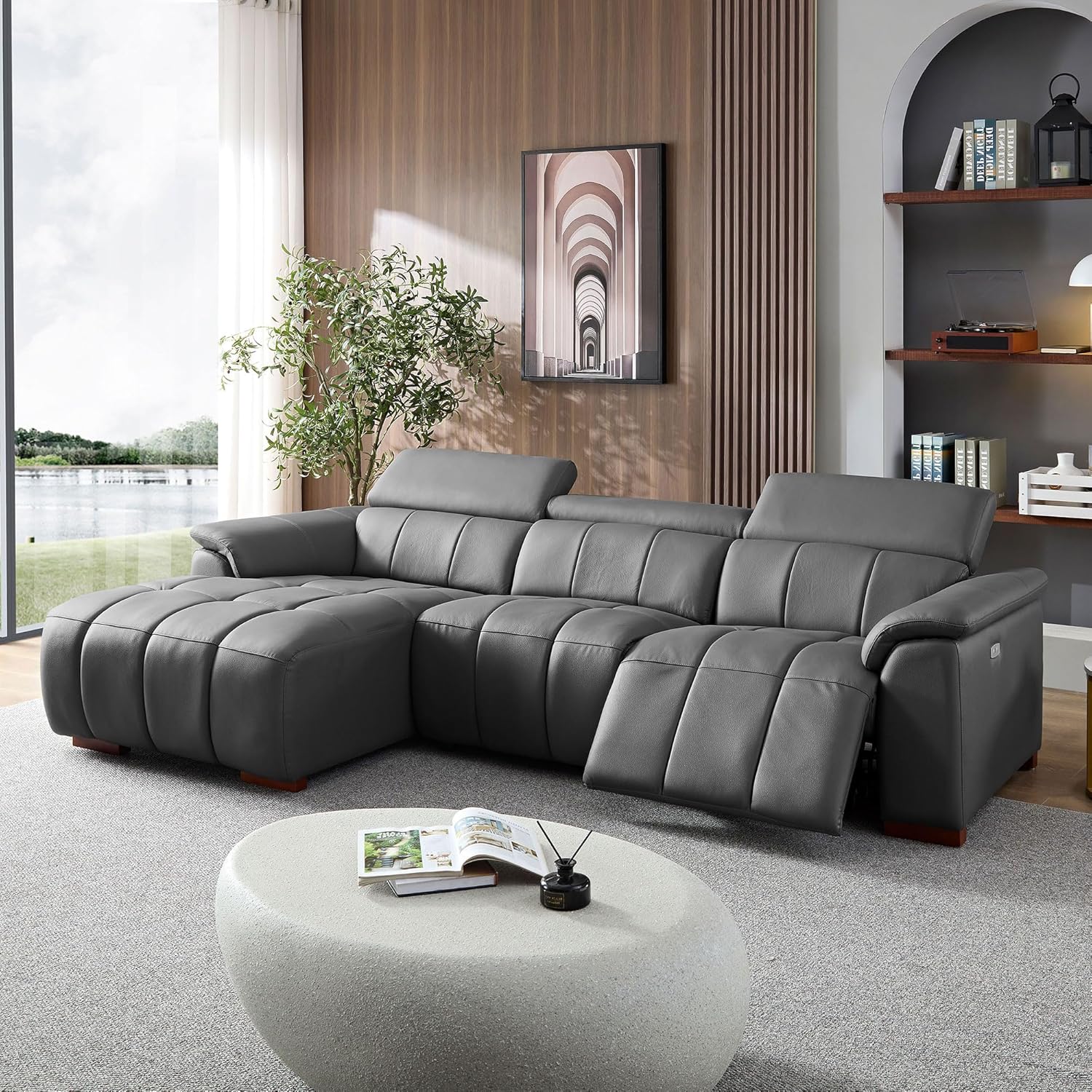 KEIKI 113" L-Shaped Genuine Leather Wall-Hugger Reclining Sofa with Left Chaise, Adjustable Backrest & Footrest, Modern Electric Control 3-Seater Couch with USB, for Living Room, Dark Grey