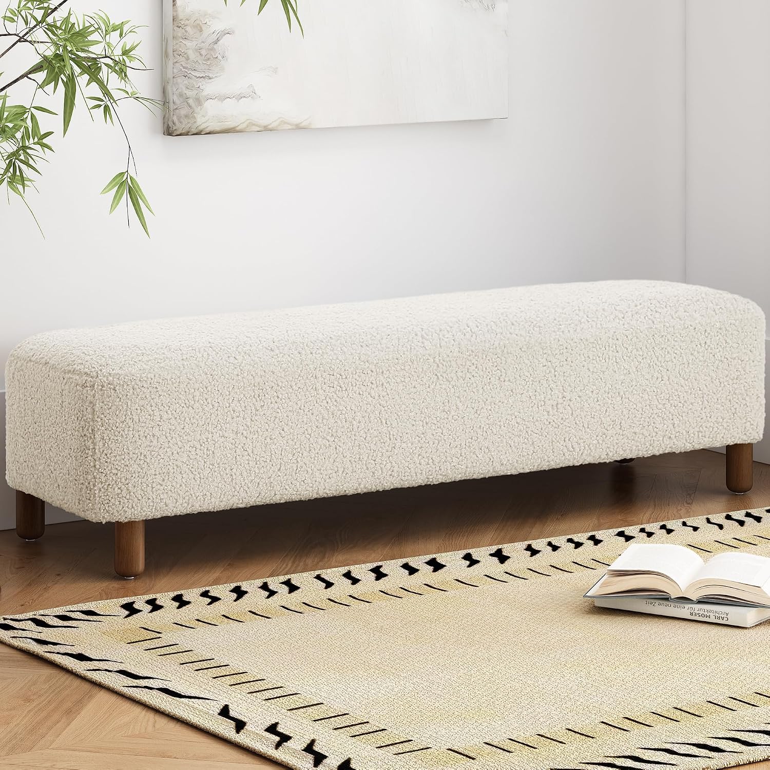 60" Dining Bench, Upholstered Ottoman Bench,End of Bed Bench with Wood Base, Long Shoe Bench for Living Room Entryway, 60.25" W x 20.50" D x 15.50" H, White