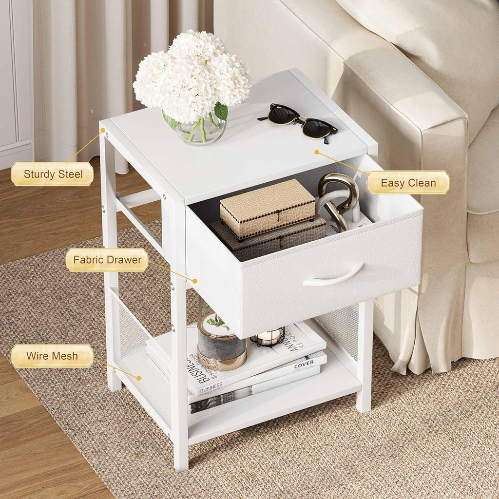 YAUKOMEL Nightstand Set of 2,End Table with Fabric Drawer,Side Table Set of 2,Storage Shelf,Bedside Table with Open Shelf,Sofa Table for Living Room,Bedroom,Small Space White CTG70W-2