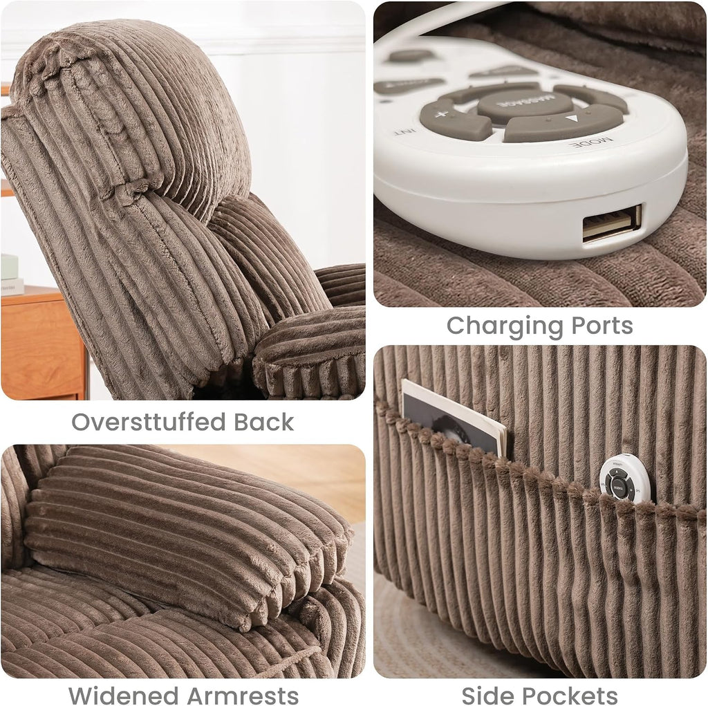 GRAINELL Swivel Rocker Recliner Chair with Massage and Heat, USB Charging Port, Infinite Position Power Recliner, Electric Glider Rocking Chairs for Living Room, Nursery, Brown