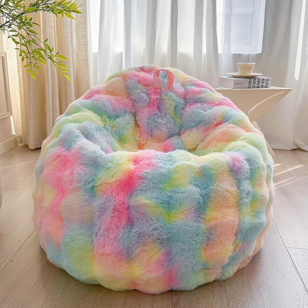 LIFEREVO Fluffy Faux Rabbit Fur Bean Bag Cover (No Filler), Soft Fuzzy Stuffed Animal Storage Bubble Waffle Bean Bag Chair for Plush Toys, Comfy Shaggy Furry Beanbag Cover Kids Girls Adults, Rainbow